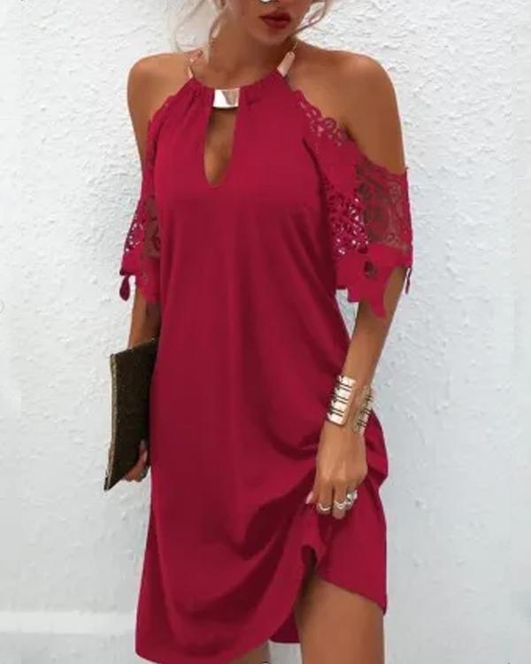 Clidress Lace Metal Neck Sleeve Dress