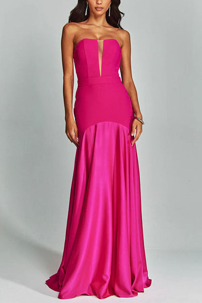 Mesh V Neck Strapless Splice Flare Maxi Party Dress