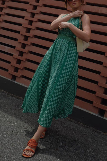Sleeveless Cut Out Waist Geometric Print Midi Dress