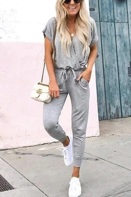 V Neck Tie Waist Drawstring Joggers Jumpsuit