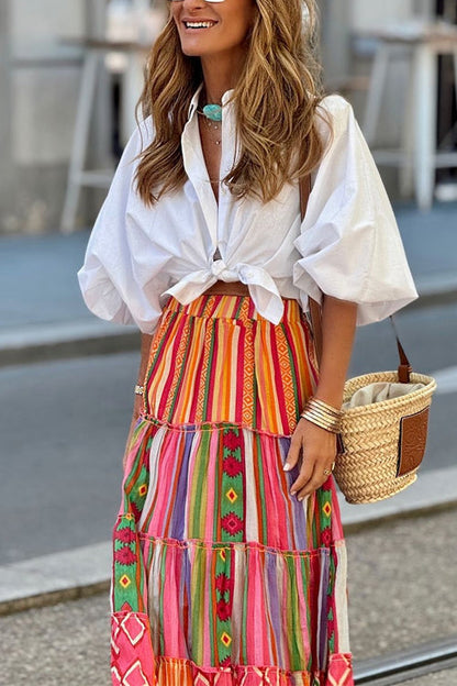 Elastic Waist Ruffle Tiered Color Block Printed Maxi Skirt