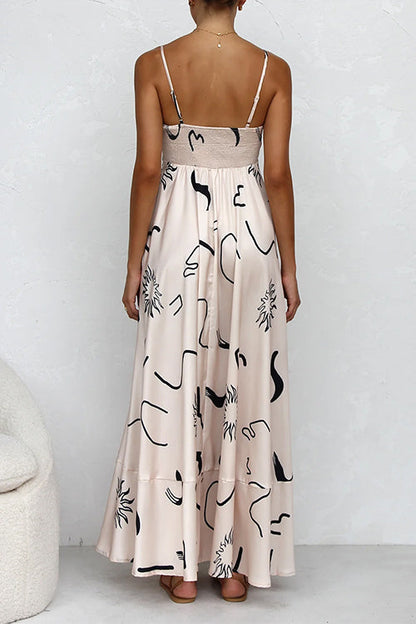 High Waist Graffiti Print Ruffle Swing Maxi Cami Dress