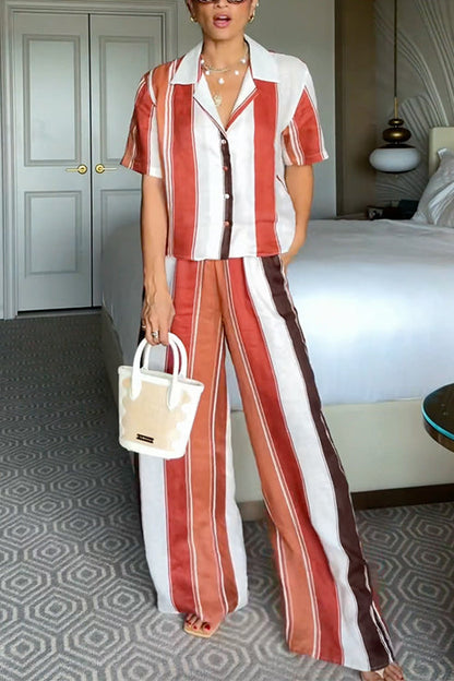 Striped Short Sleeves Button Down Shirt Wide Leg Pants Set
