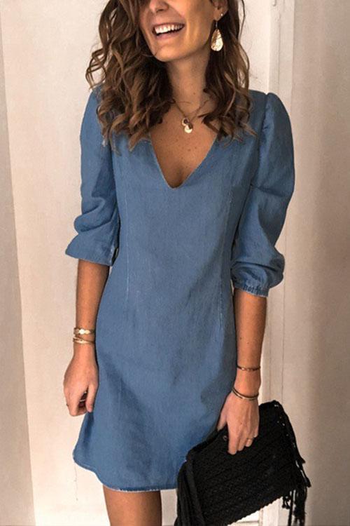 Annette V Neck Elastic Cuffs Mini Dress(5 Colors Available) DarkBlue