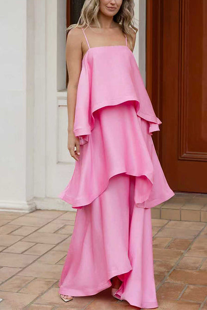 Adjustable Strap Ruffle Layered Satin Maxi Dress