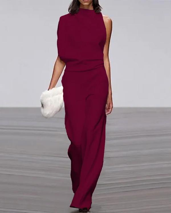 Clidress One Shoulder Pile Collar Jumpsuit