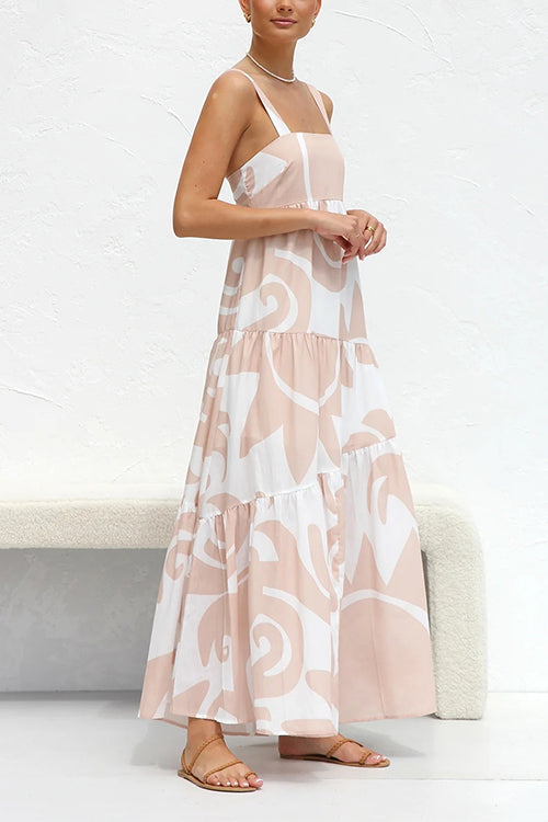 Adjustable Strap Waisted Soleil Print Ruffle Maxi Dress