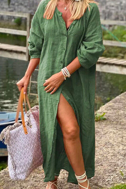 Oversized Button Up Cotton Linen Maxi Shirt Dress Olive Green