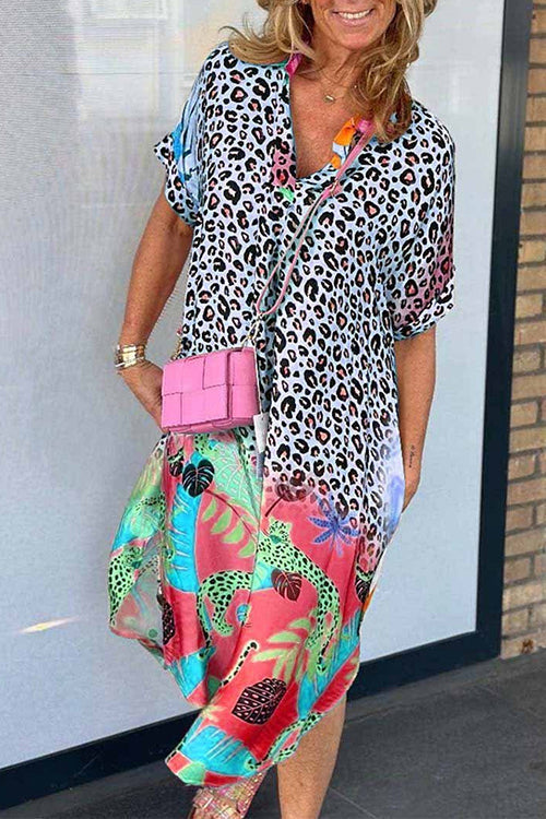 Short Sleeves Side Slit Leopard Splice Printed Midi Dress