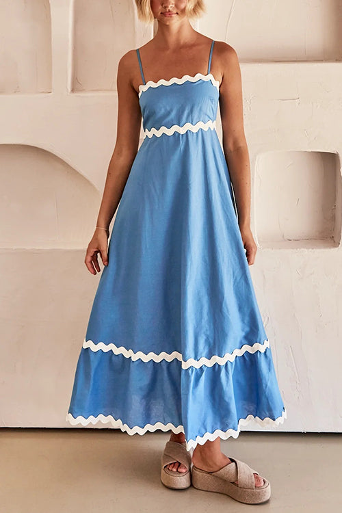 Spaghetti Strap High Waist Ric Rac Ruffle Maxi Dress Lake Blue