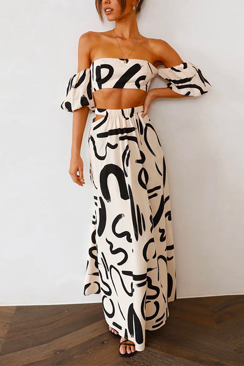 Printed Off Shoulder Puff Sleeve Crop Top Cut Out Waist Maxi Skirt Set White