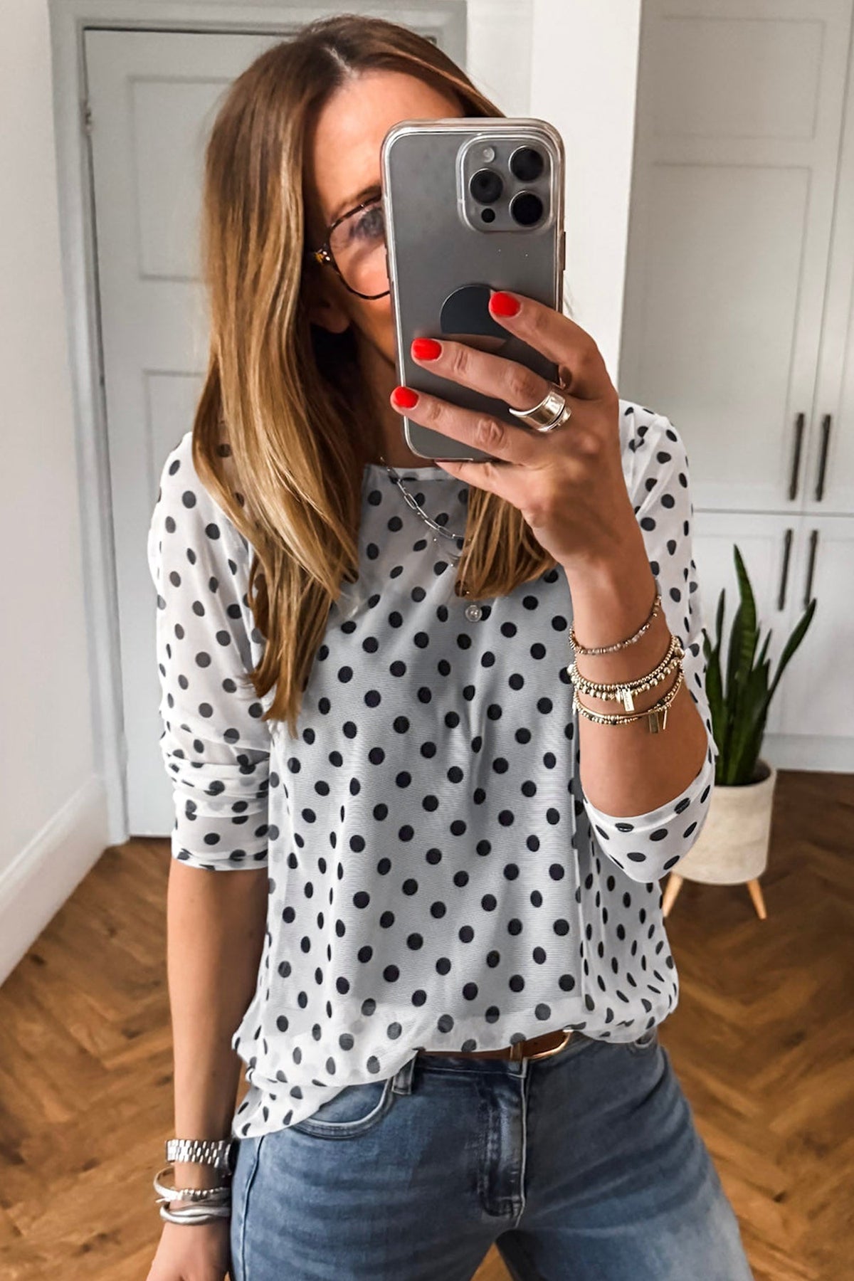 Black Polka Dot Sheer Mesh Long Sleeve Round Neck Shift Blouse