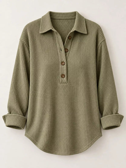 Full Size Waffle Knit Long Sleeve Polo Top Plus Size