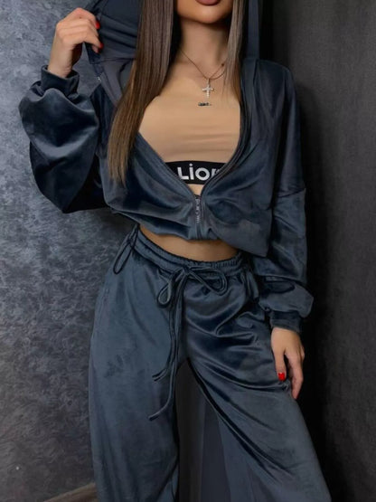 Zip Up Cropped Outerwear and Pants Set