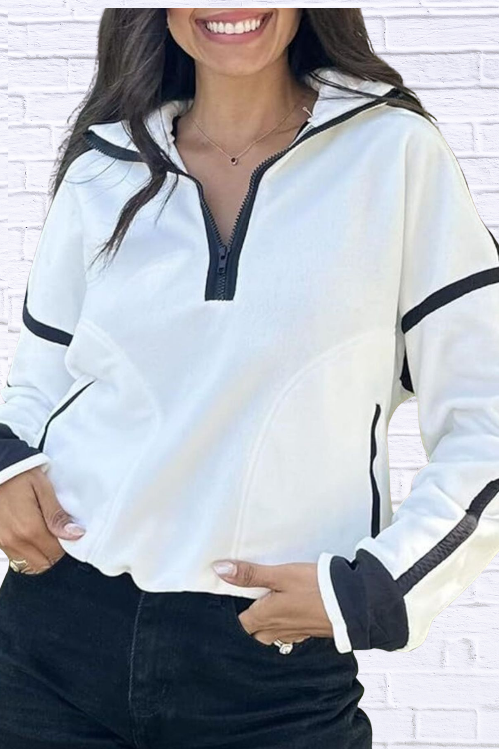 Half Zip Dropped Shoulder Sweatshirt White