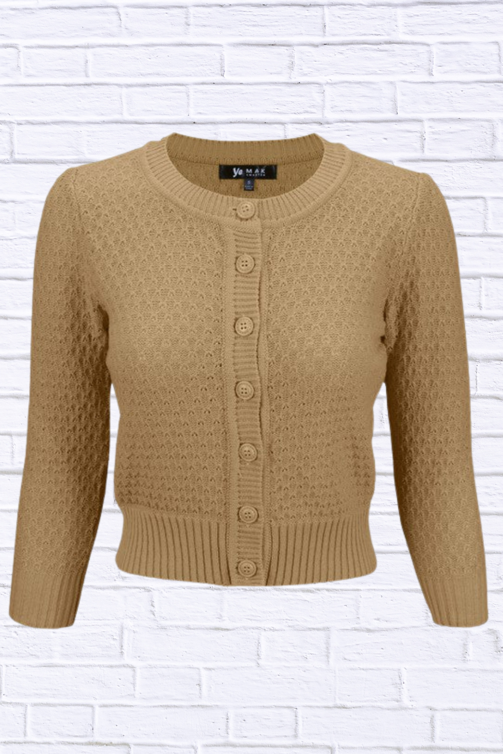 3/4 Sleeve Cute Pattern Cropped Cardigan Sweater Tan