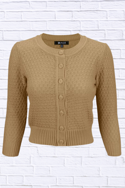 3/4 Sleeve Cute Pattern Cropped Cardigan Sweater Tan