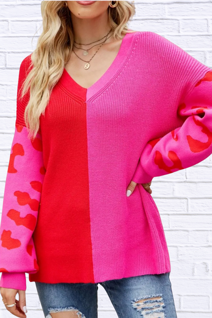 Color Block Leopard V-Neck Sweater Hot Pink M