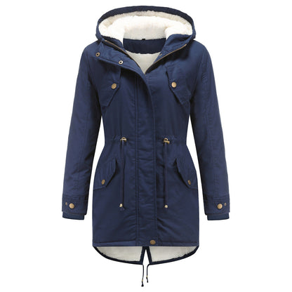 Solid Color Hooded Cotton-Padded Coat Navy Blue