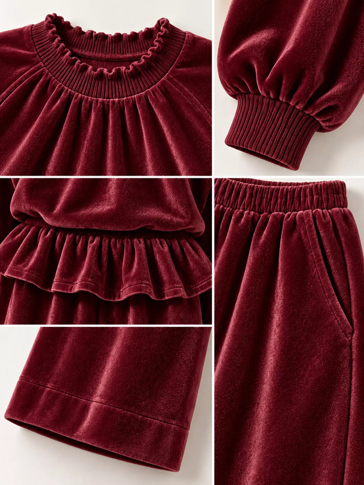 Velvet Ruffled Hem Top and Wide-Leg Pants Set