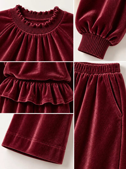 Velvet Ruffled Hem Top and Wide-Leg Pants Set