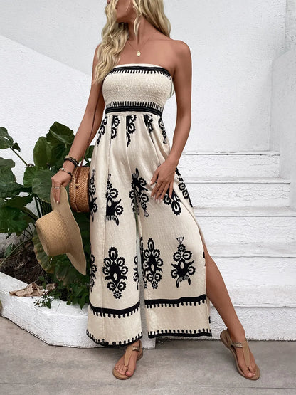 Smocked Printed Wide Leg Jumpsuit