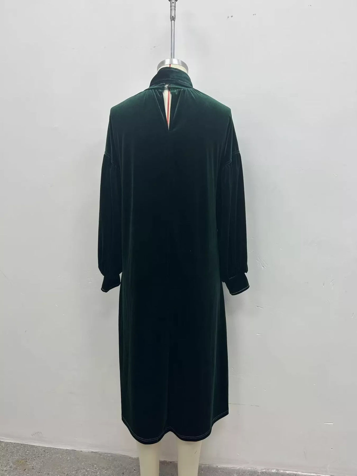 Full Size Velvet Tie-Neck Lantern Sleeve Midi Dress Plus Size