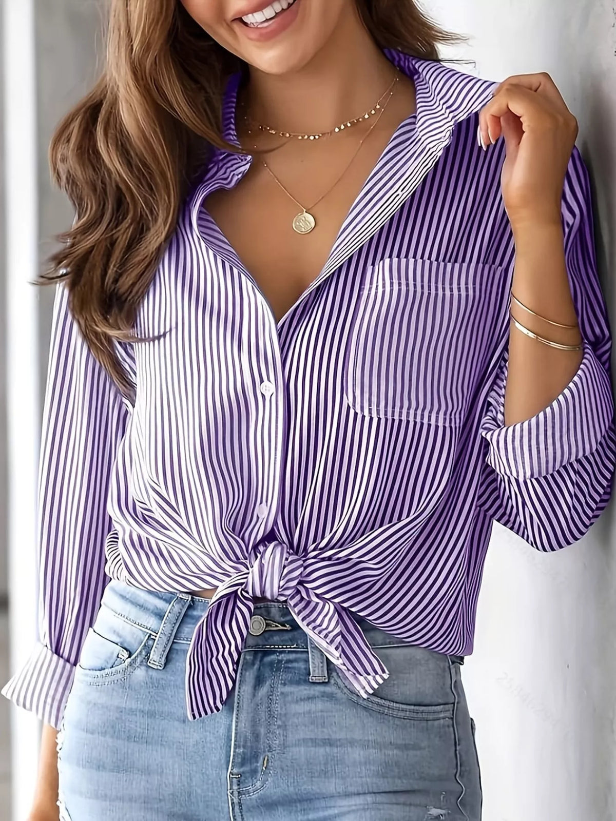 Full Size Striped Button-Down Long Sleeve Shirt Plus Size