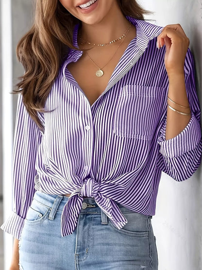 Full Size Striped Button-Down Long Sleeve Shirt Plus Size