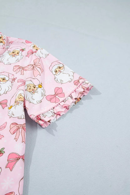 Santa Print Paneling Shift Silhouette Short Sleeve Lounge Set