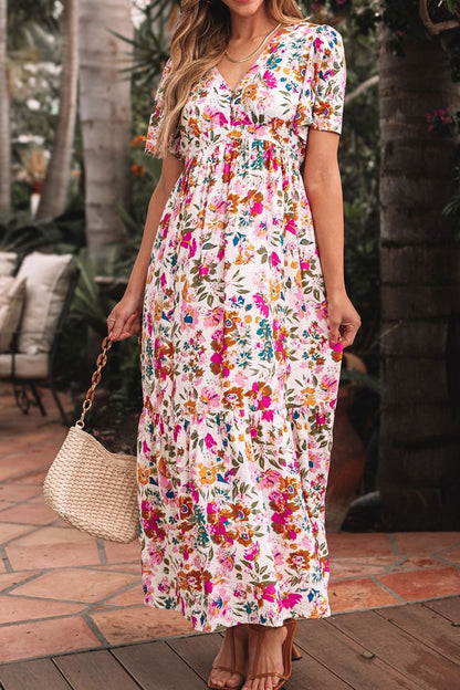 Floral Short Sleeve V Neck Dress with Pockets