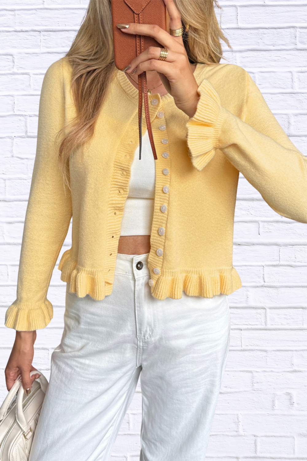 Ruffled Trim Button-Up Knit Cardigan