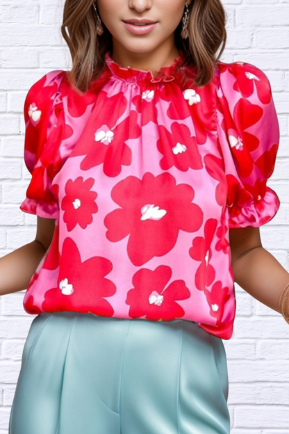 Ruffled Printed Floral Mock Neck Short Sleeve Blouse Deep Red M