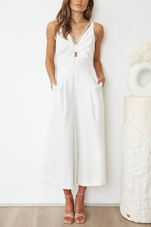 Ruched V Neck Cut Out Sleeveless Wide Leg Jumpsuit White