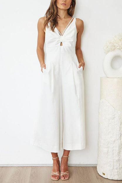 Ruched V Neck Cut Out Sleeveless Wide Leg Jumpsuit White