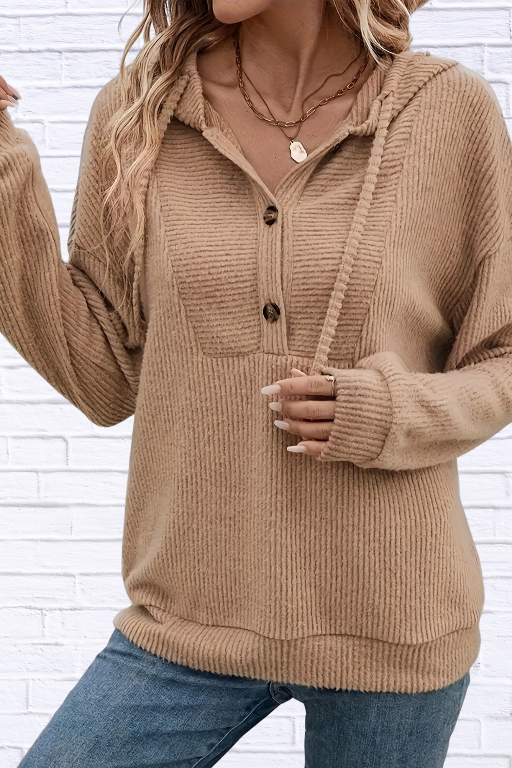 Button-Front Drawstring Hoodie