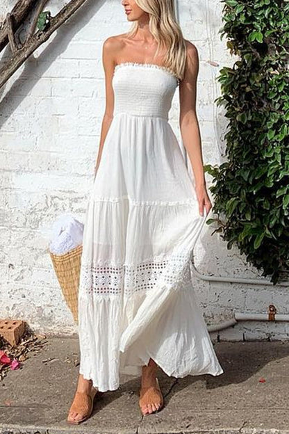 Strapless Tube Hollow Out Lace Splice Tiered Maxi Dress
