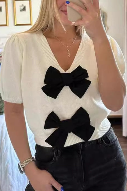 V Neck Short Sleeves Bow Knot Knit Top
