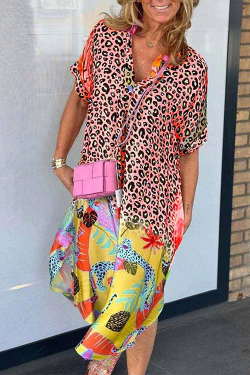 Short Sleeves Side Slit Leopard Splice Printed Midi Dress