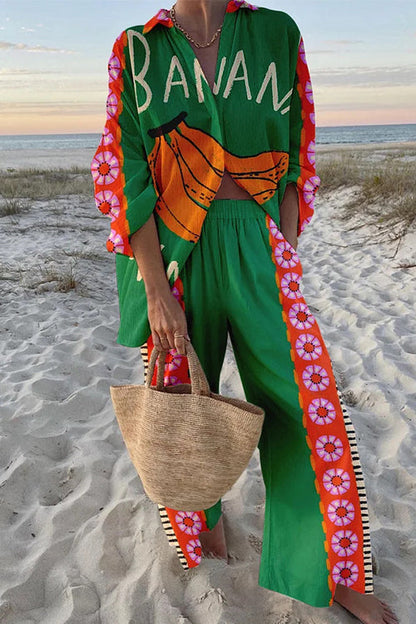 Banana Print Long Sleeves Blouse Shirt Wide Leg Pants Resort Wear Set Green