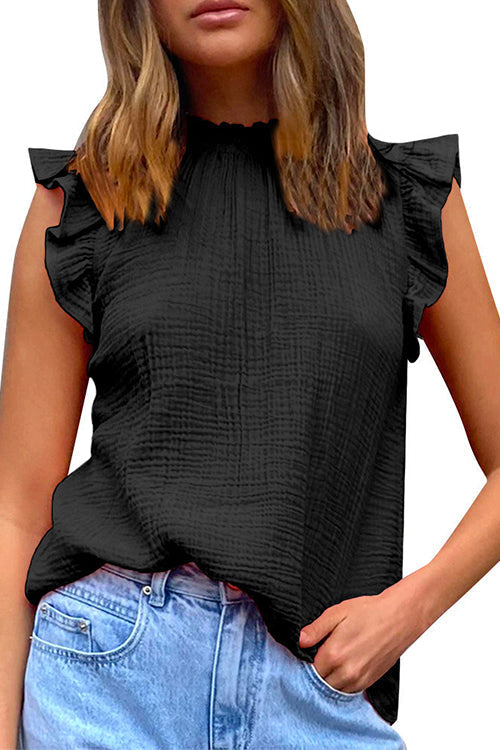 Mockneck Sleeveless Ruffle Trim Chiffon Top Black