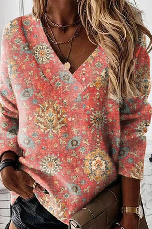 V Neck Long Sleeves Unique Print Top