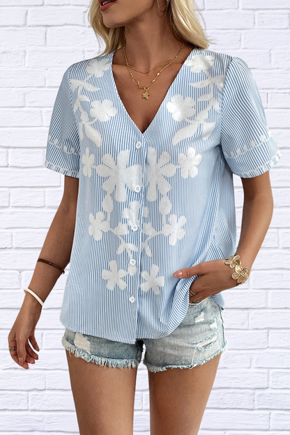 Floral Striped V-Neck Short Sleeve Shirt – Where Classic Meets Playful Blue