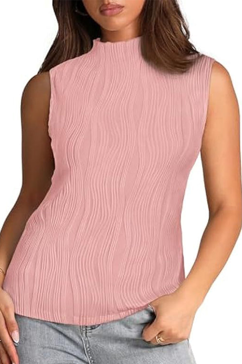 Sleeveless Mockneck Textured Summer Top Pink