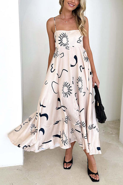 High Waist Graffiti Print Ruffle Swing Maxi Cami Dress