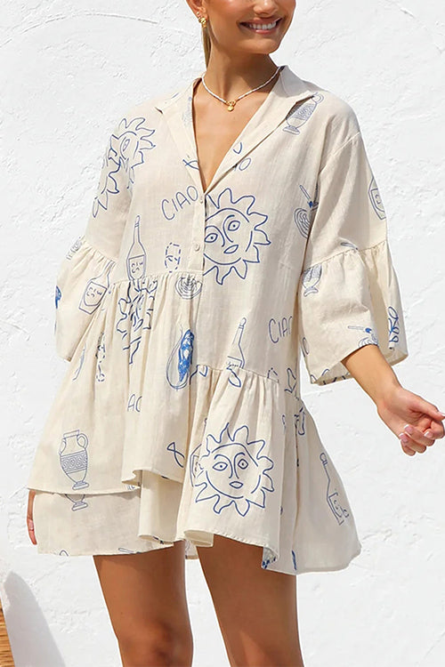 Flare Sleeves Button Down Graffiti Print Ruffle Shirt Dress Blue