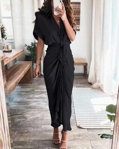 Clidress Shirt Collar Wrap Satin Button Down Dress