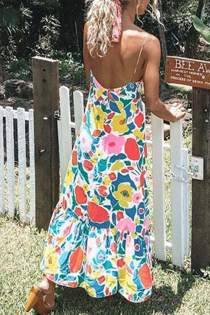 V Neck Ruffled Hem Printed Maxi Cami Dress