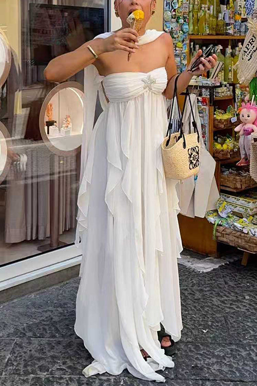 Sleeveless Open Back Ruffle Trim Slit Maxi Dress