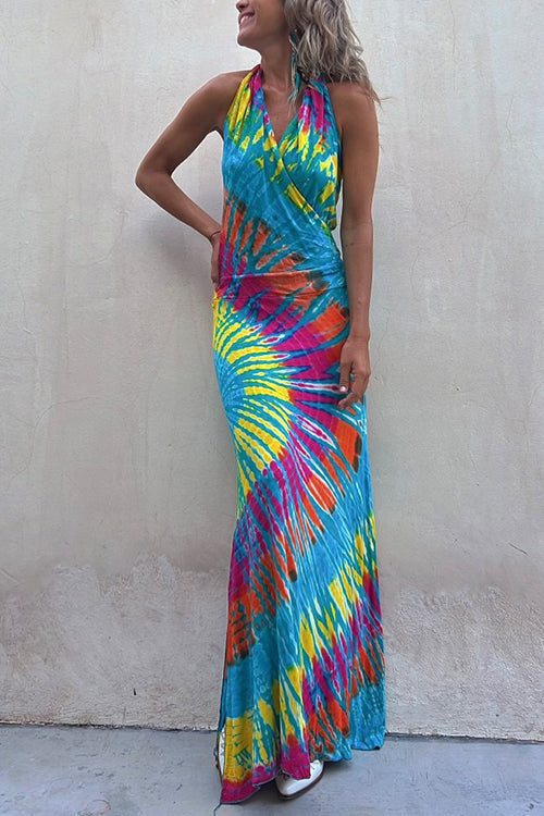 Sleeveless Halter Backless Maxi Tie Dye Dress